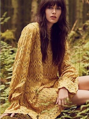 Free People Simone Lace Dress: Mustard Yellow Long-Sleeve